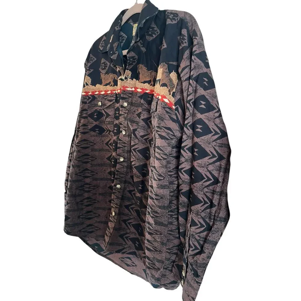 VINTAGE Moda Tech Western Shirt Mens XL Aztec Southwestern Horses Rodeo - Picture 3 of 7
